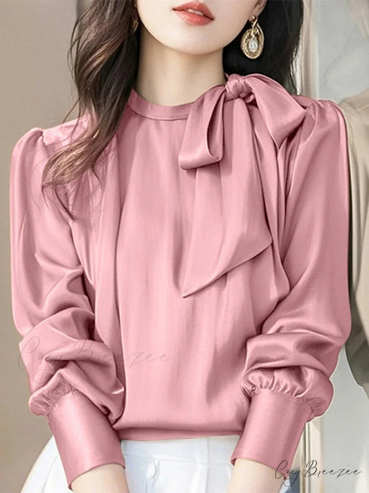 Sophisticated Satin Bowtie Collar Office Blouse Pink / S blouse-250126