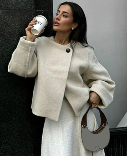 Sophisticated Solid Wool One-Button Coat White / S overcoats-241228