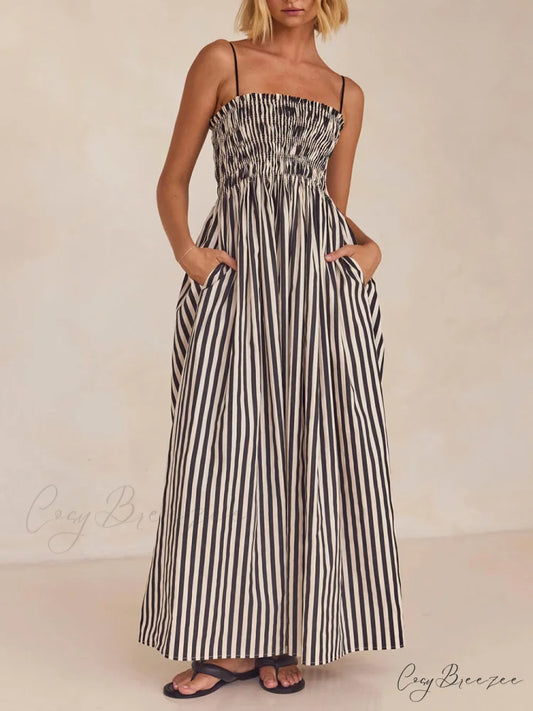 Sophistication Unique Stripe Charming Pleated Maxi Dress Black / S