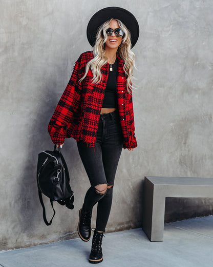 Red South Lake Frayed Plaid Shacket