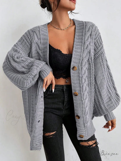 Space Dye Drop Shoulder Cable Knit Lantern Sleeve Cardigan Grey / XS