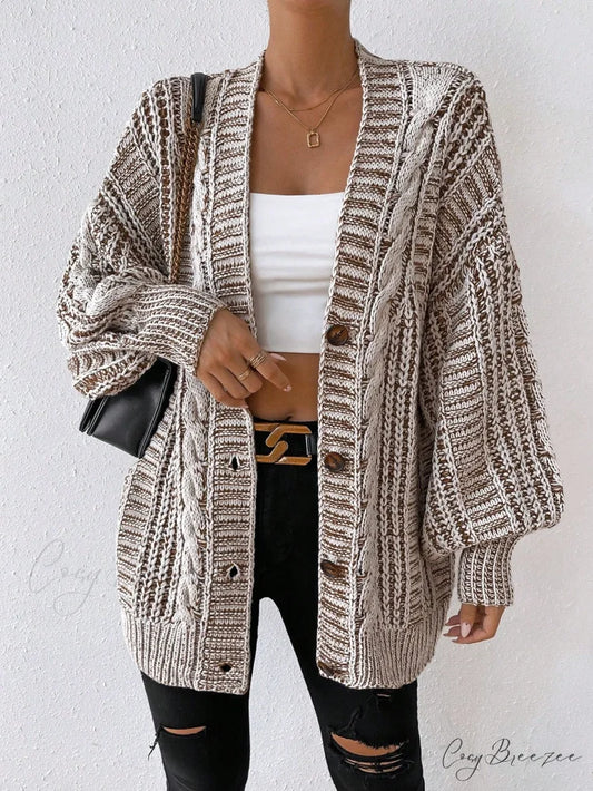 Space Dye Drop Shoulder Cable Knit Lantern Sleeve Cardigan Multicolor / XS