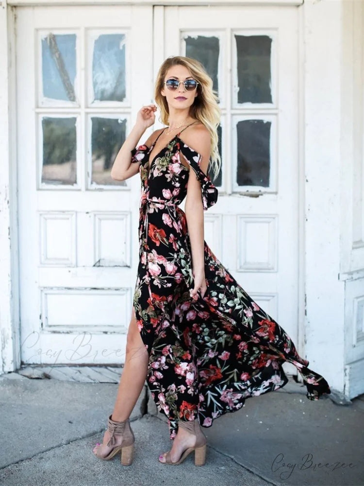 Spaghetti-Neck V-Neck Maxi Dress with Print L / Black