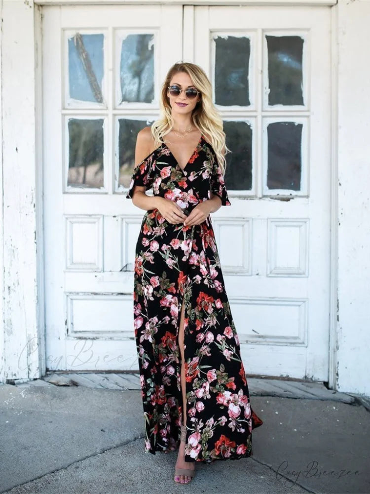 Spaghetti-Neck V-Neck Maxi Dress with Print L / White