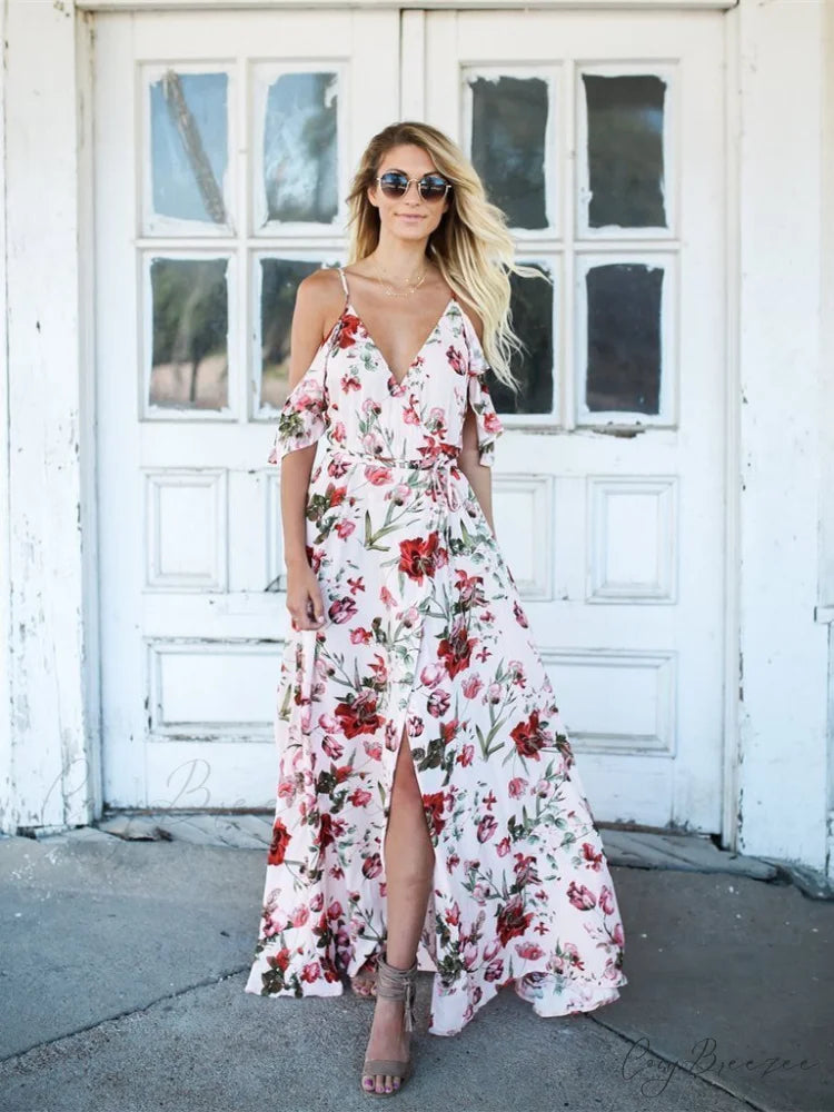 Spaghetti-Neck V-Neck Maxi Dress with Print S / Black