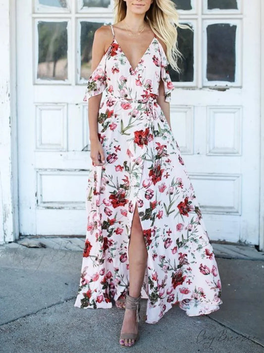 Spaghetti-Neck V-Neck Maxi Dress with Print S / White