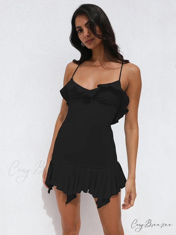 Spaghetti Party Coastal Strap Mini Gown Elegant Flower Off-shoulder Robe Women Backless Bodycon Ruffle Dress Black / S