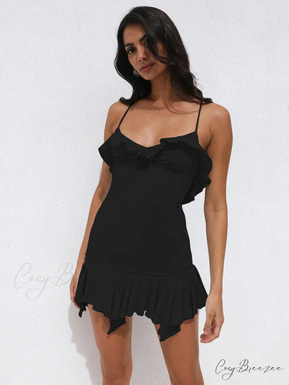 Spaghetti Party Coastal Strap Mini Gown Elegant Flower Off-shoulder Robe Women Backless Bodycon Ruffle Dress Black / S
