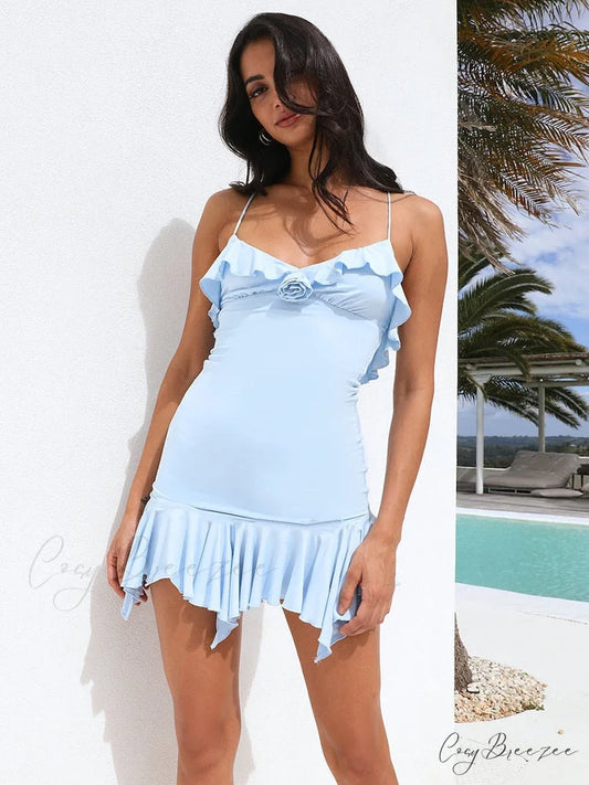 Spaghetti Party Coastal Strap Mini Gown Elegant Flower Off-shoulder Robe Women Backless Bodycon Ruffle Dress Blue / S