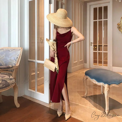 Spaghetti Red French Gown Silk Vintage Straps Women Mid Length Party Elegant Long - Satin