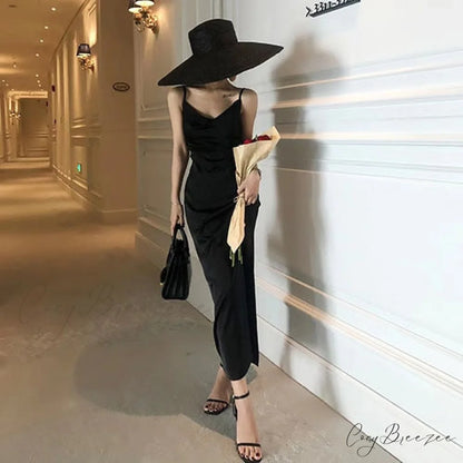 Spaghetti Red French Gown Silk Vintage Straps Women Mid Length Party Elegant Long - Satin Black / XS