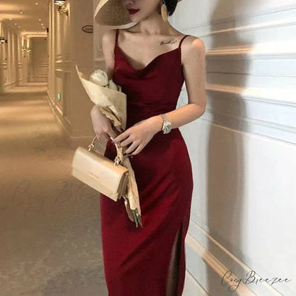 Spaghetti Red French Gown Silk Vintage Straps Women Mid Length Party Elegant Long - Satin Red Wine / XS