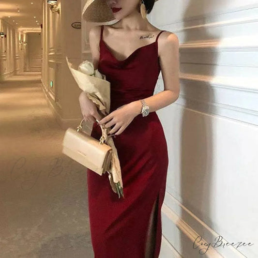 Spaghetti Red French Gown Silk Vintage Straps Women Mid Length Party Elegant Long - Satin Red Wine / XS
