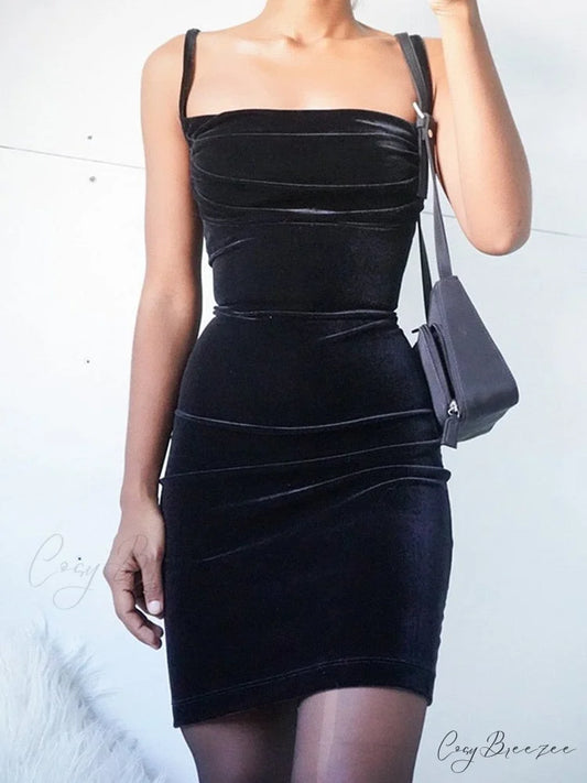 Spaghetti Ruched Off Party Gown Skinny Shoulder Womens Elegant Sleeveless Black Strap Velvet Mini Front Dress
