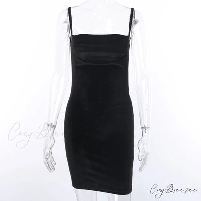 Spaghetti Ruched Off Party Gown Skinny Shoulder Womens Elegant Sleeveless Black Strap Velvet Mini Front Dress Black / S