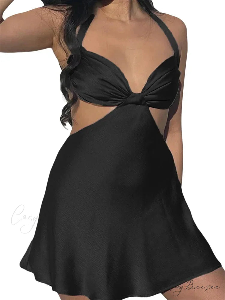 Spaghetti Strap Backless Satin Halter Hollow Out Mini Dress BLACK / S