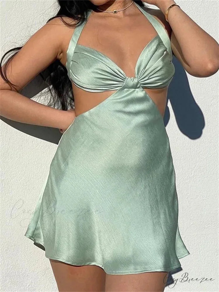 Spaghetti Strap Backless Satin Halter Hollow Out Mini Dress GREEN / S