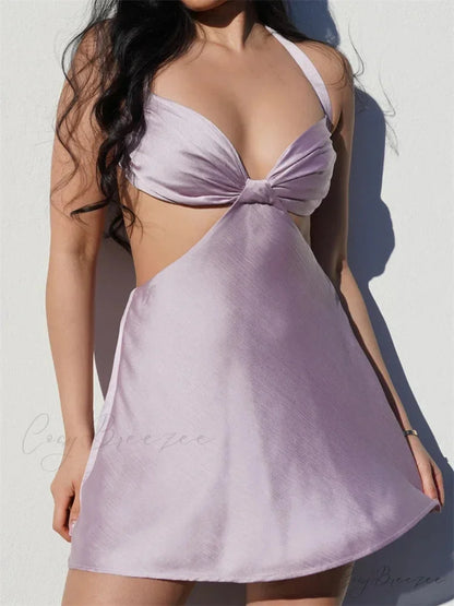 Spaghetti Strap Backless Satin Halter Hollow Out Mini Dress PINK / S