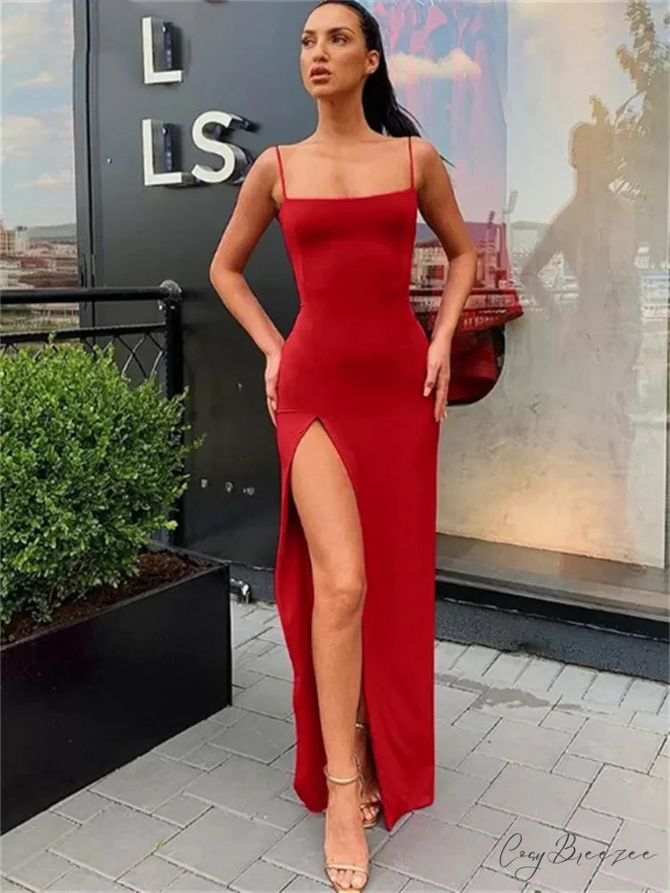 Spaghetti Strap Bandage Slit Dress M / RED