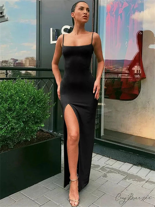 Spaghetti Strap Bandage Slit Dress S / RED