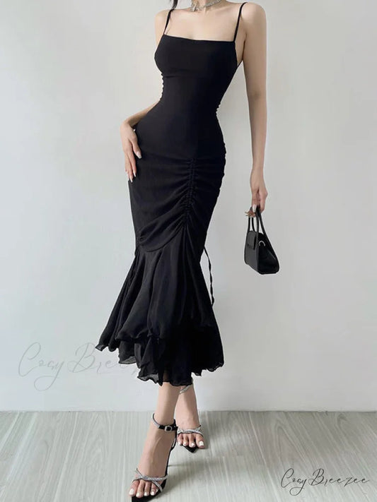 Spaghetti Strap Black Asymmetrical Ruffle Dress S / Black