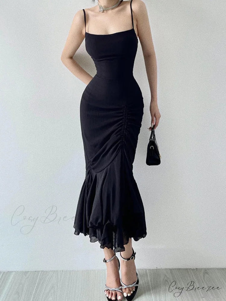Spaghetti Strap Black Asymmetrical Ruffle Dress S / White