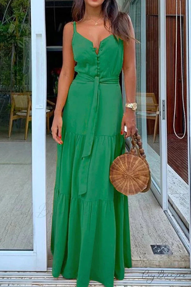 Spaghetti Strap Button Bandage Maxi Dress S / Red