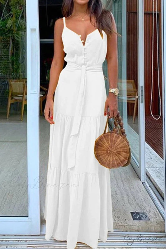 Spaghetti Strap Button Bandage Maxi Dress S / White