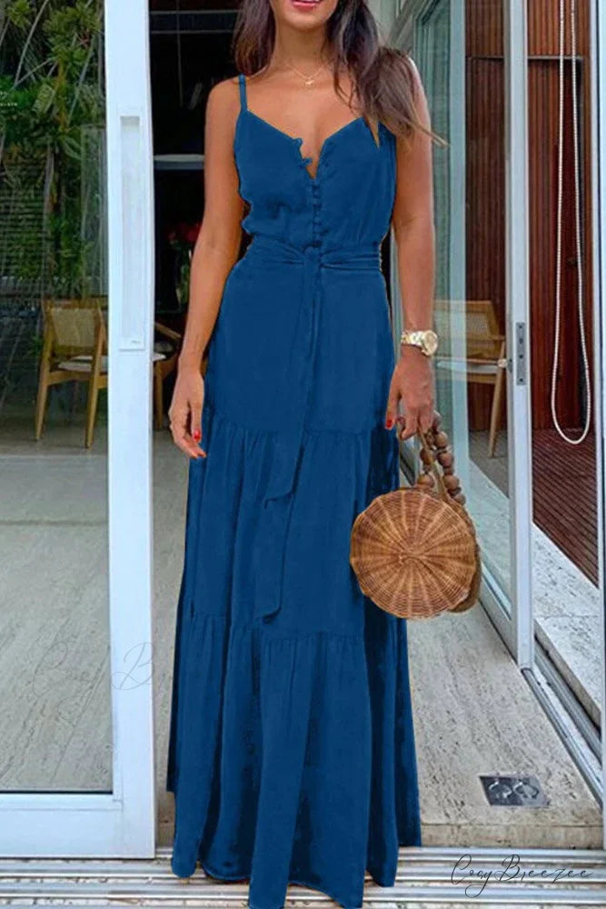 Spaghetti Strap Button Bandage Maxi Dress S / Yellow