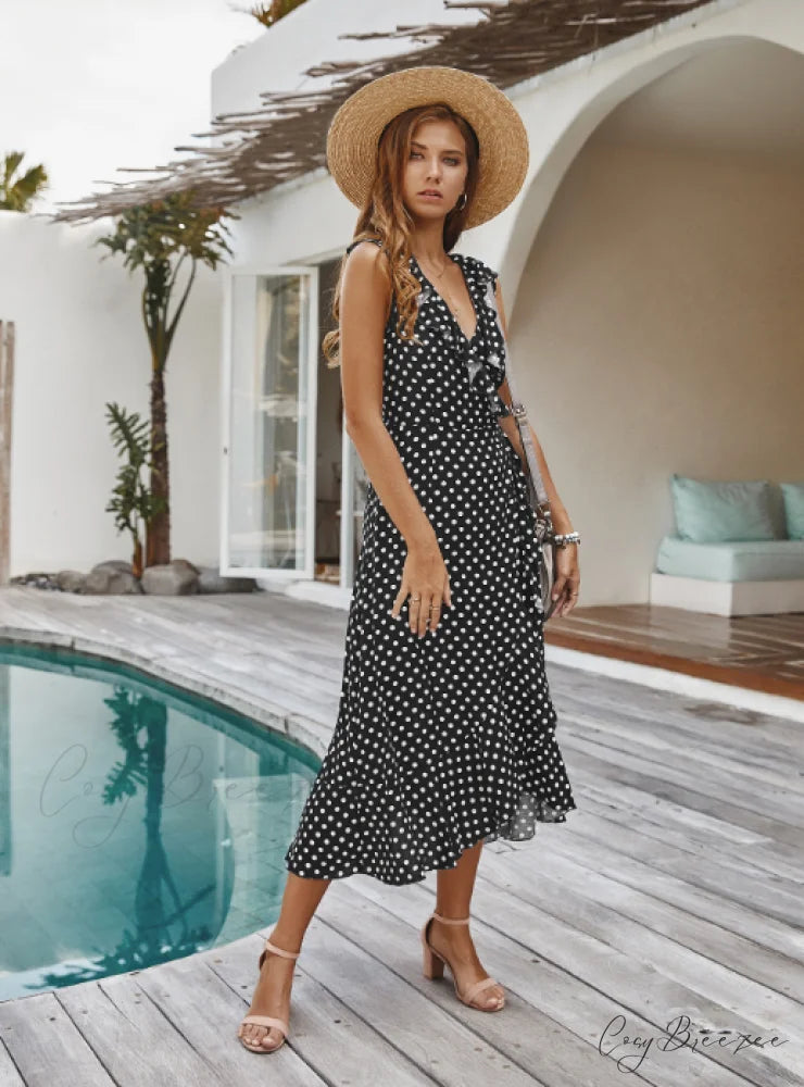 Spaghetti Strap Dress - Medium Long Dot Pattern L / BLACK