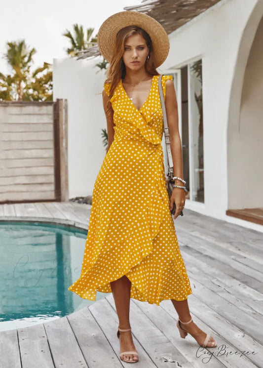 Spaghetti Strap Dress - Medium Long Dot Pattern S / BLACK