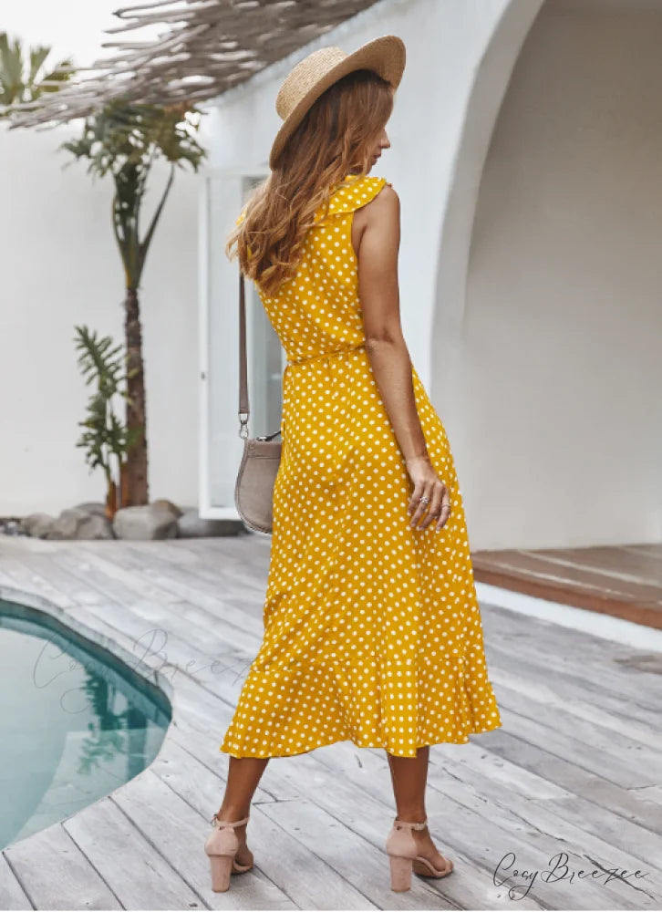 Spaghetti Strap Dress - Medium Long Dot Pattern S / BLUE