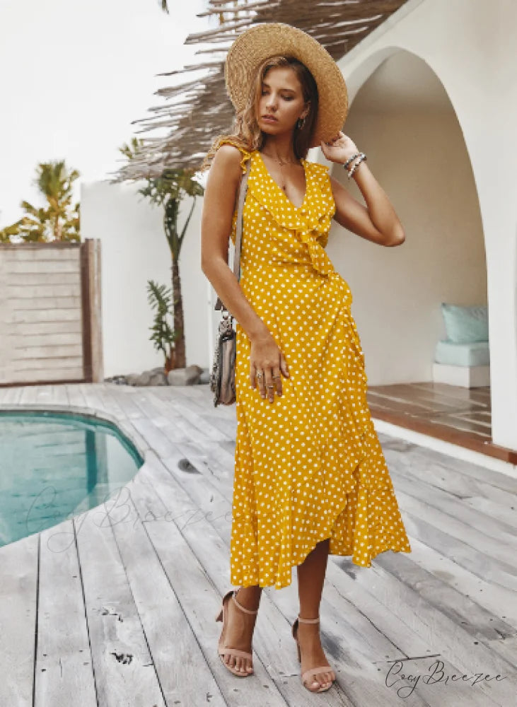 Spaghetti Strap Dress - Medium Long Dot Pattern S / RED