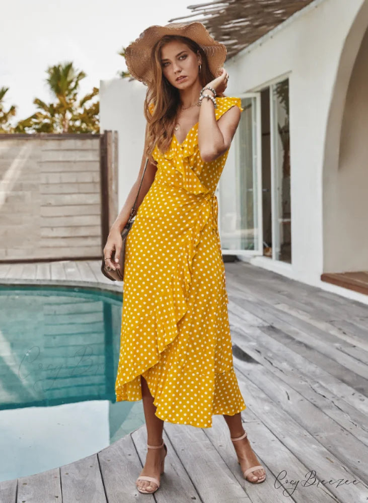 Spaghetti Strap Dress - Medium Long Dot Pattern S / YELLOW