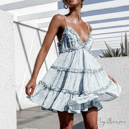 Spaghetti Strap Floral Lace Trim Sundress Flared Ruffled Prairie Dress floraldress-250126