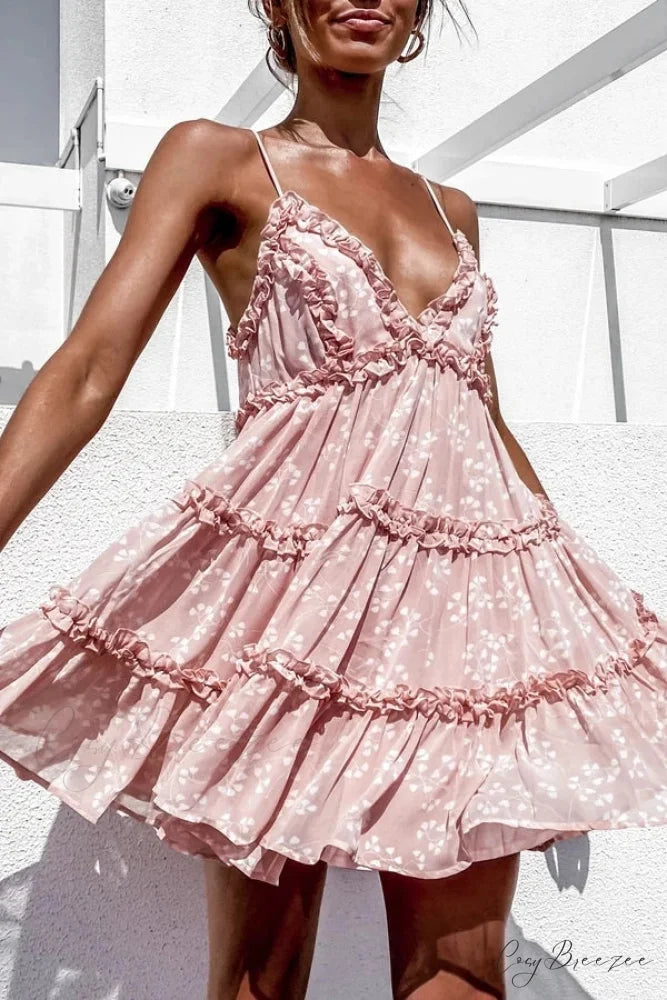 Spaghetti Strap Floral Lace Trim Sundress Flared Ruffled Prairie Dress floraldress-250126