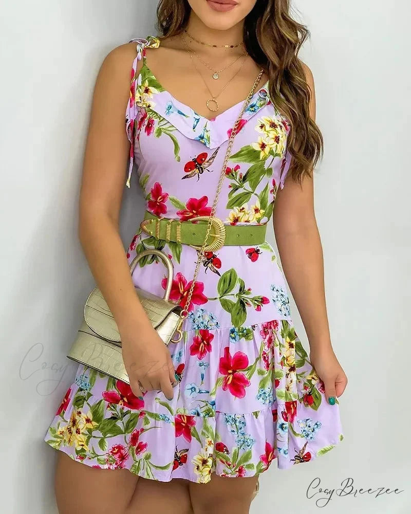 Spaghetti Strap Floral Striped A-Line Short Dress floraldress-250126