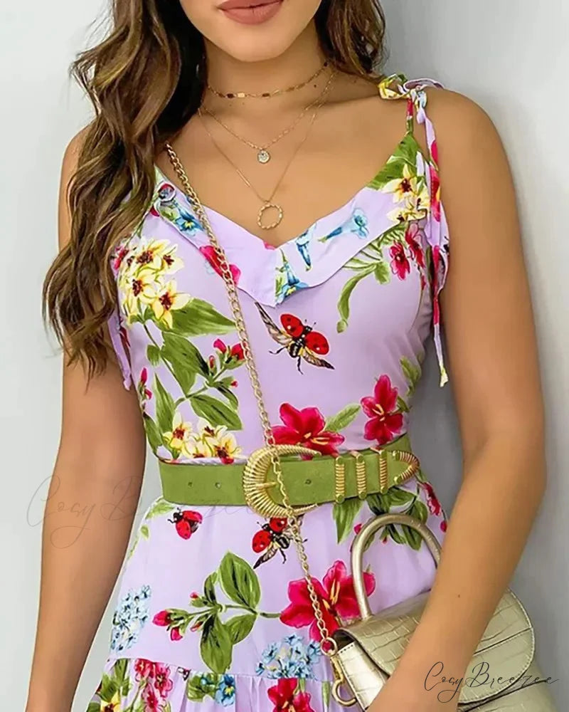 Spaghetti Strap Floral Striped A-Line Short Dress floraldress-250126