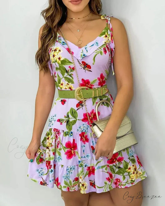 Spaghetti Strap Floral Striped A-Line Short Dress Light Purple / S floraldress-250126