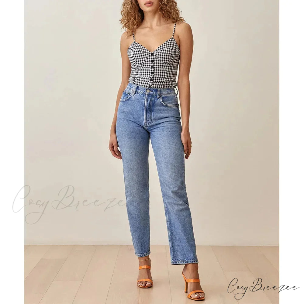 Spaghetti Strap Front Button Gingham Lace Up V Neck Casual Crop Top croptop-250126