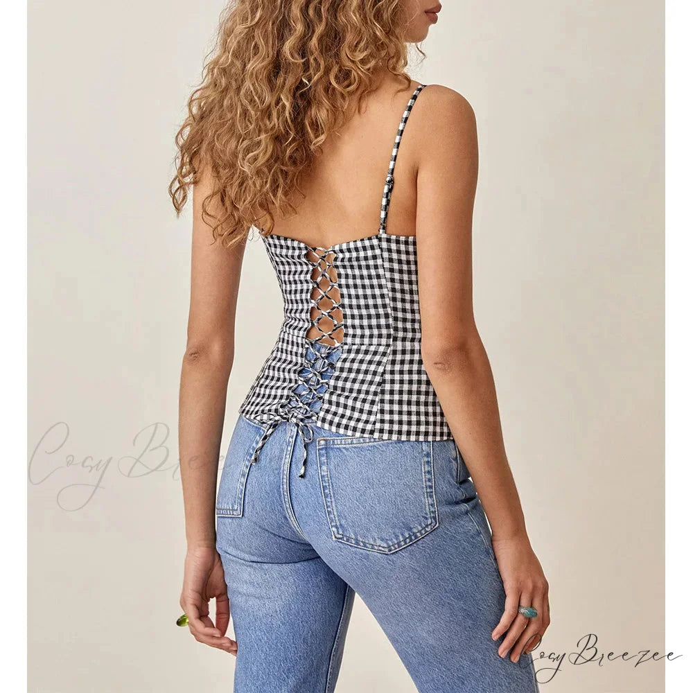 Spaghetti Strap Front Button Gingham Lace Up V Neck Casual Crop Top croptop-250126