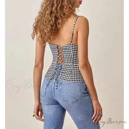 Spaghetti Strap Front Button Gingham Lace Up V Neck Casual Crop Top croptop-250126