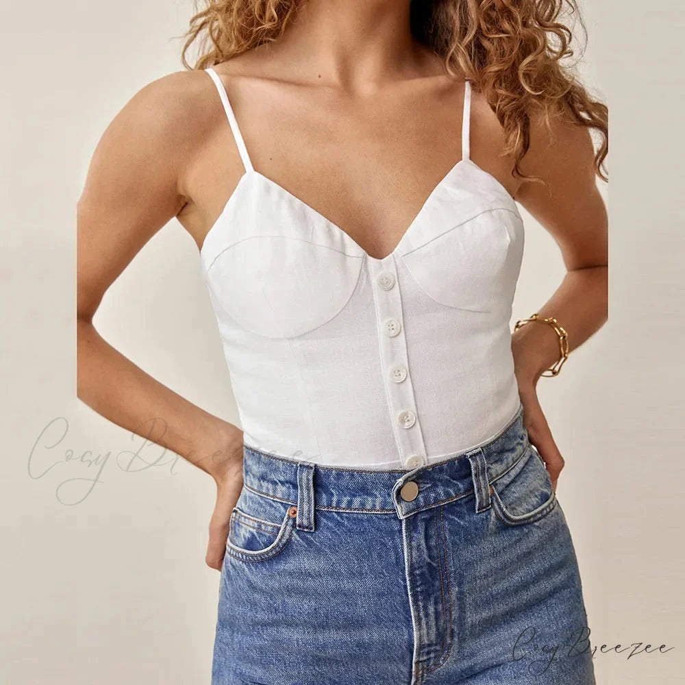 Spaghetti Strap Front Button Gingham Lace Up V Neck Casual Crop Top WHITE / S croptop-250126
