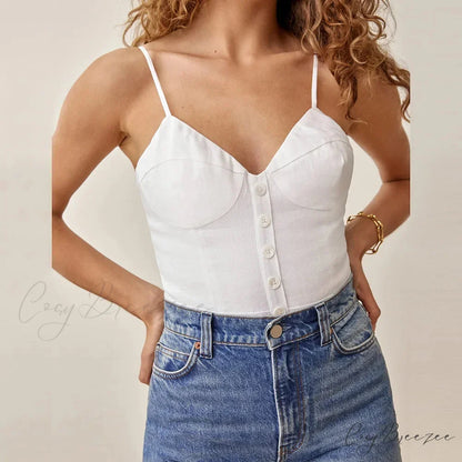 Spaghetti Strap Front Button Gingham Lace Up V Neck Casual Crop Top WHITE / S croptop-250126