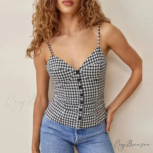 Spaghetti Strap Front Button Gingham Lace Up V Neck Casual Crop Top Zebra-stripe / S croptop-250126