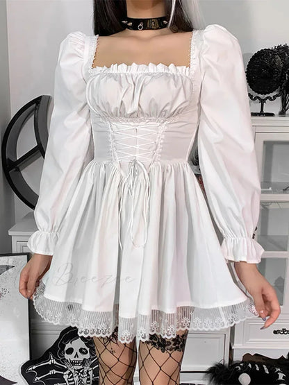 Spaghetti Strap Lace Satin Slip Sexy Party Mini Harajuku Vintage Square Collar Puff Sleeve Dress White / S