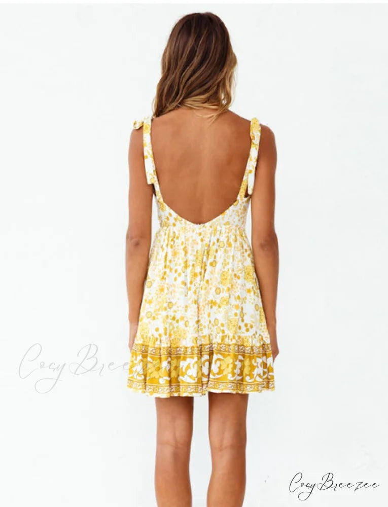 Spaghetti Strap Print Backless Mini Dress V-Neck Summer Holiday Women’s Dress