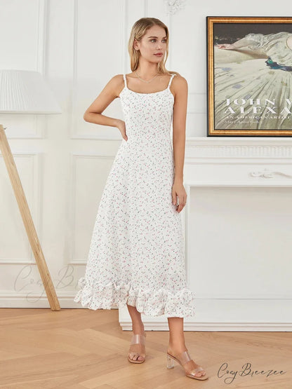 Spaghetti Strap Ruffled Long Sweet Sling Bubble Hem A-line Dress floraldress-250126
