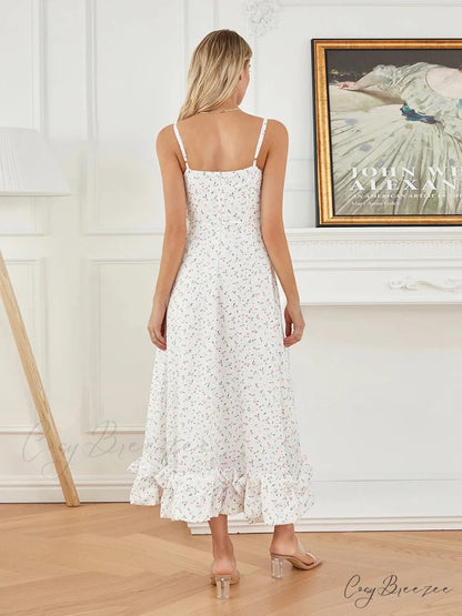 Spaghetti Strap Ruffled Long Sweet Sling Bubble Hem A-line Dress floraldress-250126