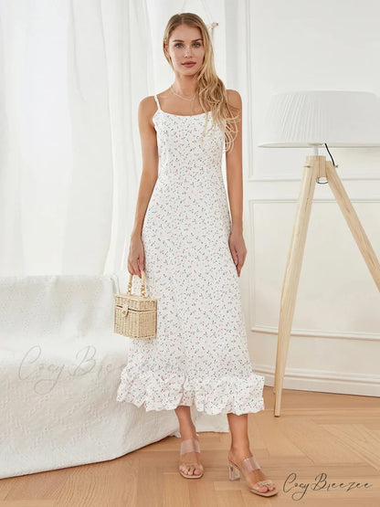 Spaghetti Strap Ruffled Long Sweet Sling Bubble Hem A-line Dress floraldress-250126